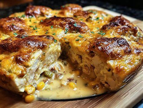 Pastel de pollo recién horneado con salsa velouté