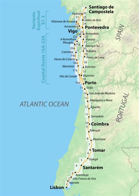 Mapa del Camino Portugués con sus principales etapas