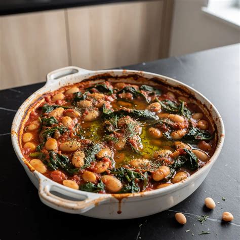 Gratinado de judías blancas con espinacas y mozzarella en una fuente para horno