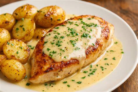 Pechuga de pollo con salsa de queso y cebolla