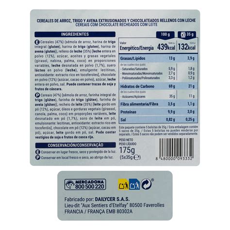 Etiqueta nutricional de cereales rellenos de leche