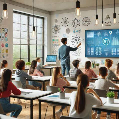 Ilustración de un aula de estudiantes con elementos que sugieren una narrativa de contenido para adultos