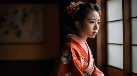 Mujer vestida con kimono con un fondo de motivos japoneses