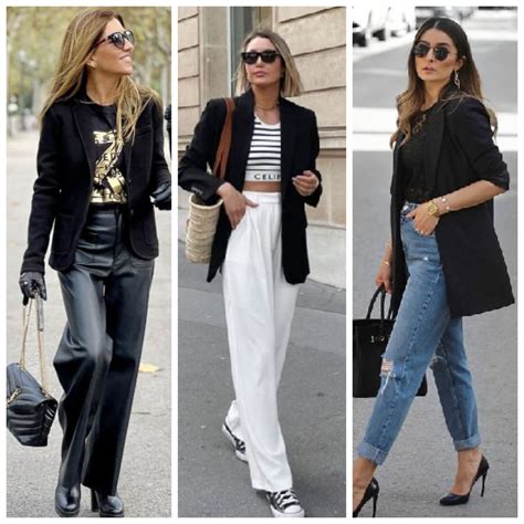 Mujer luciendo un blazer crepe negro combinado con diferentes prendas