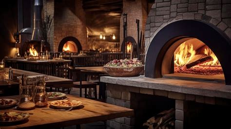 Interior acogedor de restaurante con horno de piedra y mesas de madera