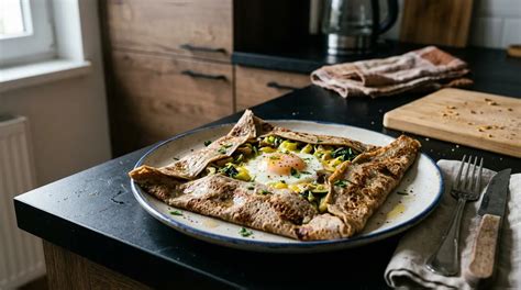Galette bretona recién hecha con ingredientes clásicos