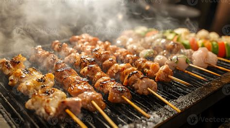 Brochetas yakitori siendo cocinadas a la parrilla