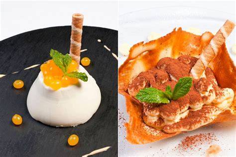 Surtido de postres de cuchara como tiramisú y panacota