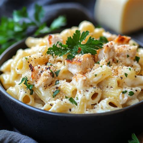 Plato de pasta con pechugas de pollo y salsa cremosa de queso