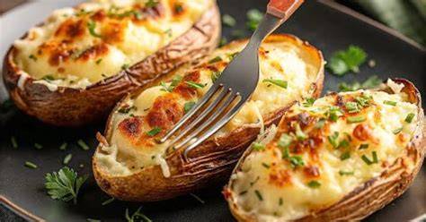 Plato de patatas rellenas al horno gratinadas con mayonesa