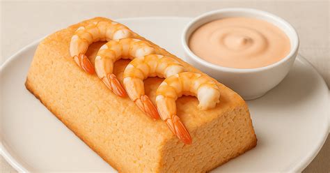 Budín de merluza con langostinos, adornado