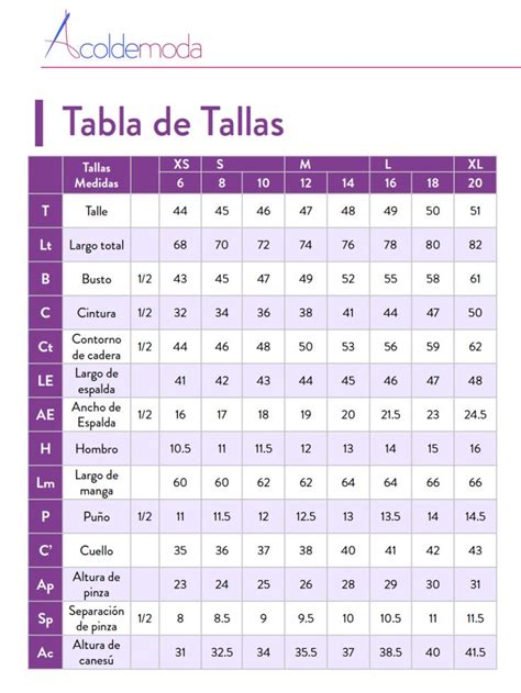 Tabla de tallas de disfraces