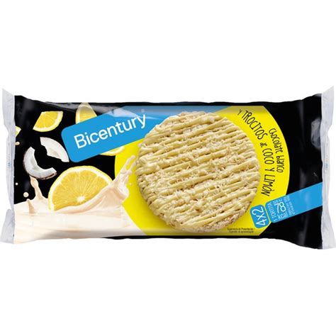 Envase de las Tortitas Bicentury con Chocolate Blanco, Limón y Coco