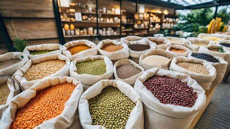 Interior de una tienda de productos a granel con diversas legumbres y cereales