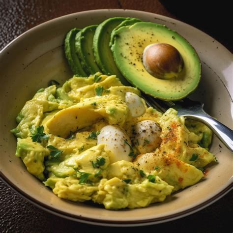 Huevos revueltos con aguacate, queso suizo y cebolla verde