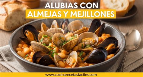 Plato tradicional de alubias a la marinera con mejillones