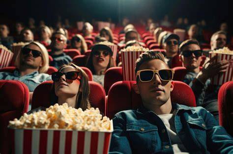 Espectadores disfrutando de una película en un cine con palomitas