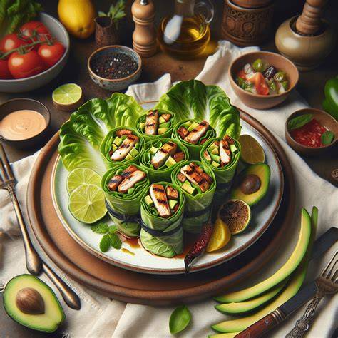Preparación de rollitos de lechuga con pollo, aguacate y zanahoria