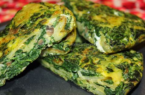 Tortilla vegana con espinacas y champiñones