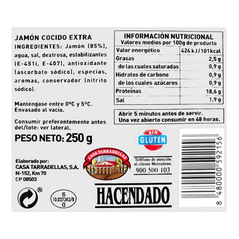 Etiqueta nutricional de jamón cocido
