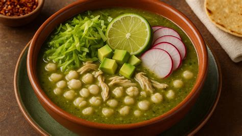 Plato de pozole verde con todos sus acompañamientos listos para ser servidos