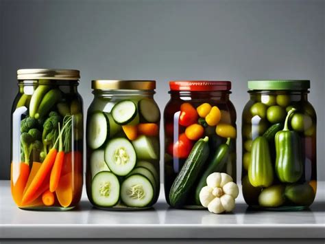 Variedad de vegetales encurtidos en frascos