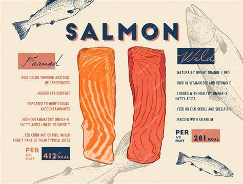 comparación visual entre salmón salvaje de color rojo y salmón de granja rosado