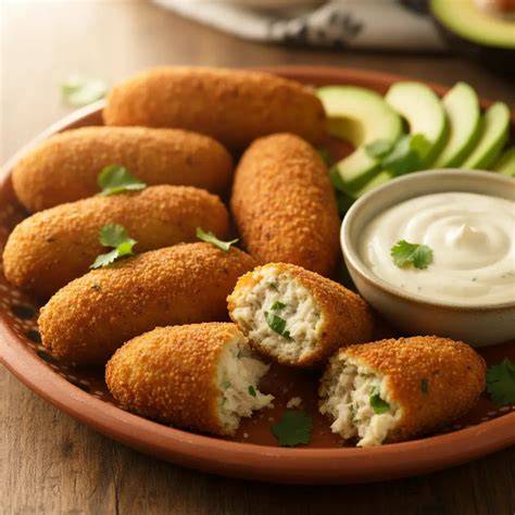 Croquetas de aguacate recién fritas y doradas