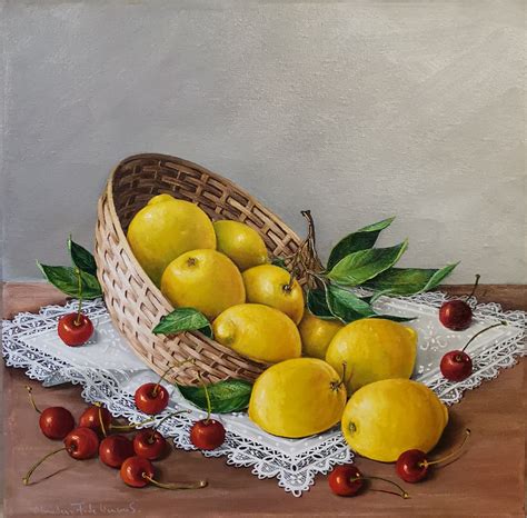 bodegón de frutas con cerezas y limones al estilo tradicional