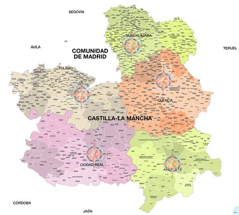 Mapa de Castilla-La Mancha destacando Tomelloso, Villacañas y Alcázar de San Juan