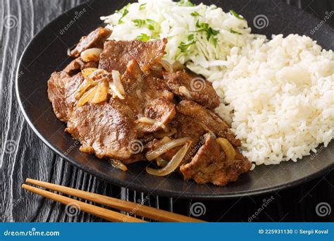 Plato de cerdo shogayaki con arroz y ensalada