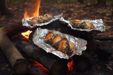 Boniatos envueltos en papel de aluminio cocinándose en las brasas