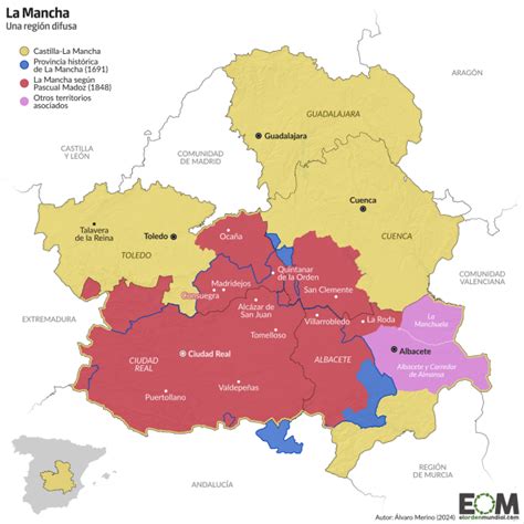 Mapa de la región de La Mancha destacando la zona de producción de la berenjena de Almagro