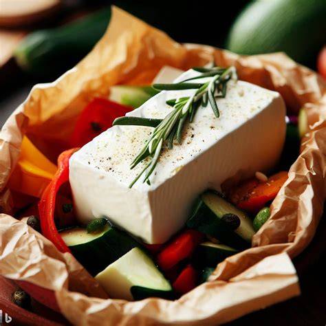 Queso feta y verduras cocinándose en papillote