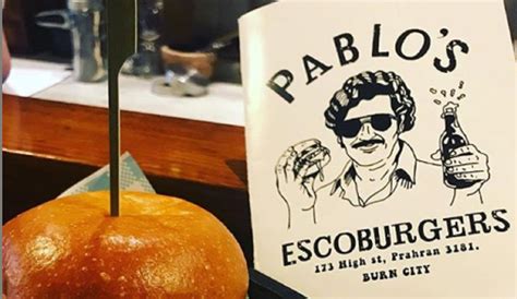 Logotipo de Pablo's Escoburgers con caricatura de Pablo Escobar