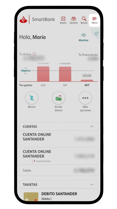 Interfaz de la aplicación móvil de Banco Santander