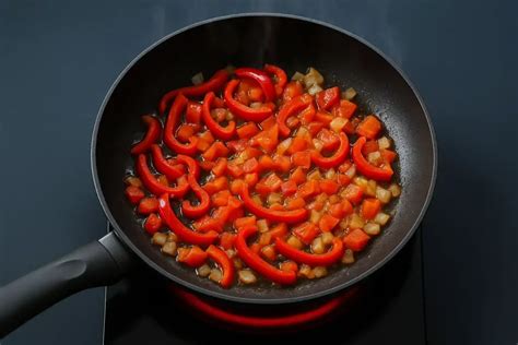 Pimientos y ajos sofriéndose en la sartén