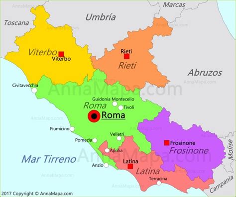 Mapa de la región de Lacio y Roma en Italia