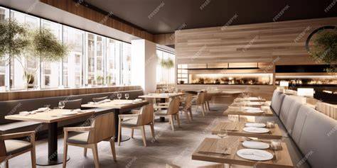Interior de un restaurante moderno y acogedor con mesas y sillas