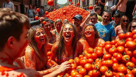 Multitud de personas lanzándose tomates en la Tomatina de Buñol