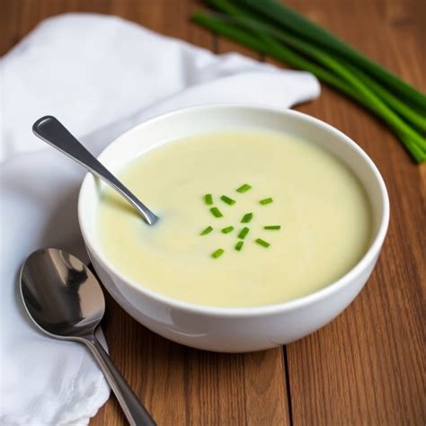 Tazón elegante de vichyssoise decorado con cebollino fresco