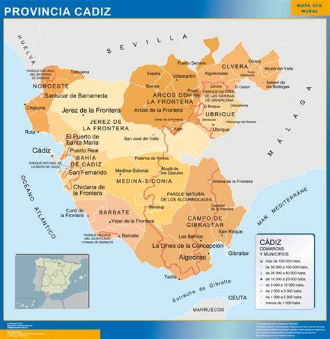 Mapa de la provincia de Cádiz con sus localidades costeras destacadas