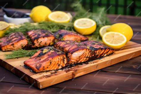 Filetes de salmón cocinándose en una tabla de cedro sobre la parrilla