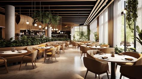 Interior de un restaurante moderno con terraza