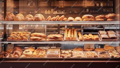 Muestra de bollería variada en vitrina de panadería