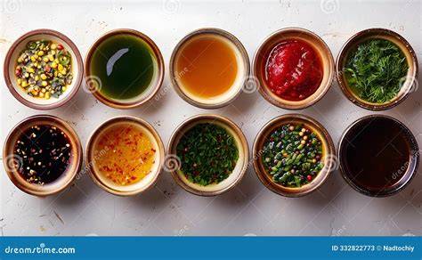 Variedad de salsas en recipientes coloridos
