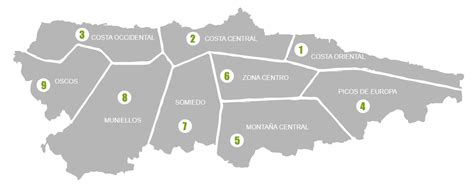 Mapa de la región oriental de Asturias, destacando áreas con variantes de fabada