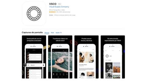 Interfaz de la aplicación VSCO mostrando las diferentes pestañas