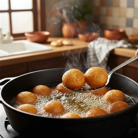 Persona friendo buñuelos dorados en aceite caliente