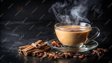 taza de café chai humeante con especias alrededor